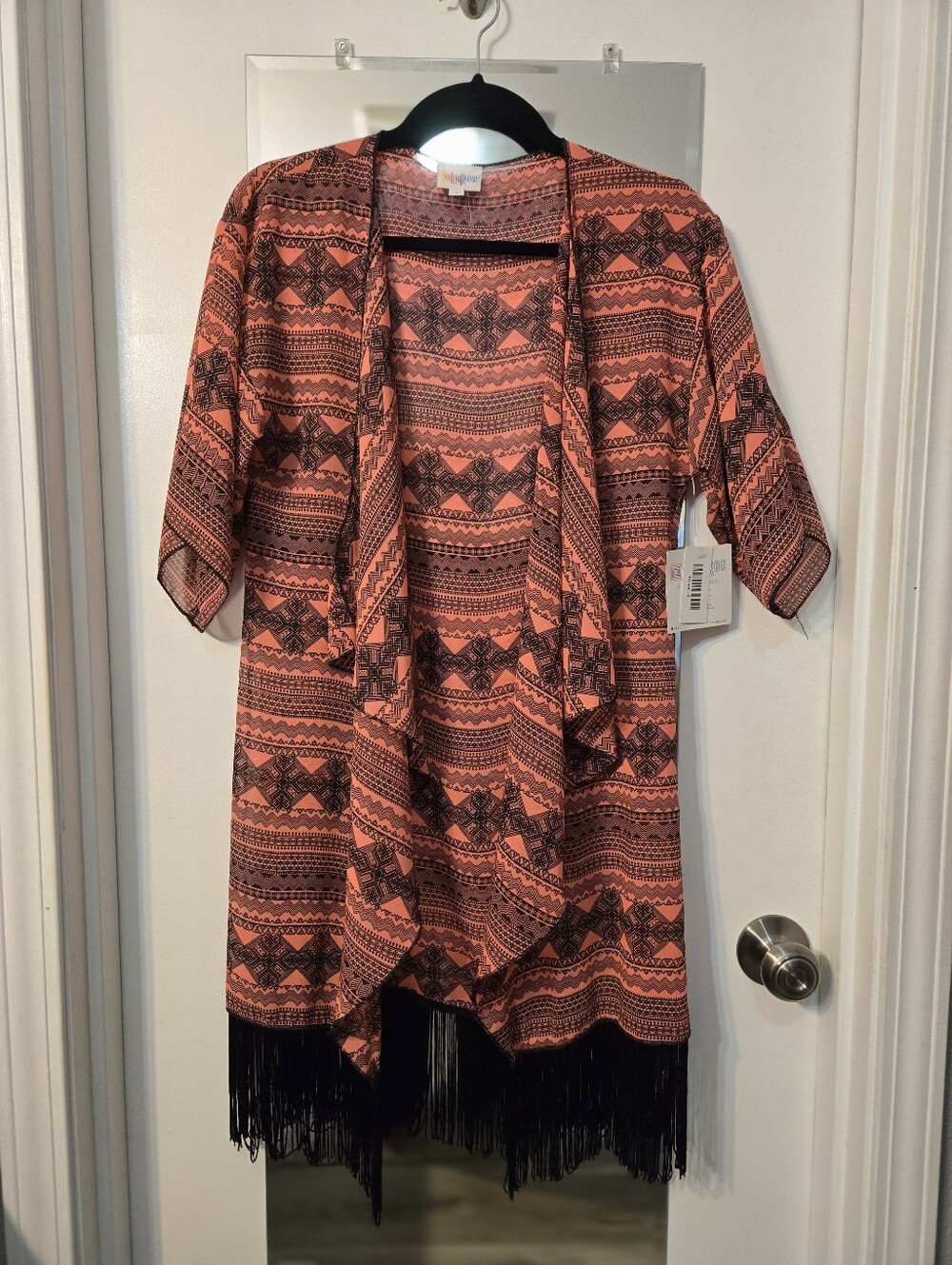 LuLaRoe “Monroe” Pink and Black Aztec Fringe Open Drape Duster Kimono